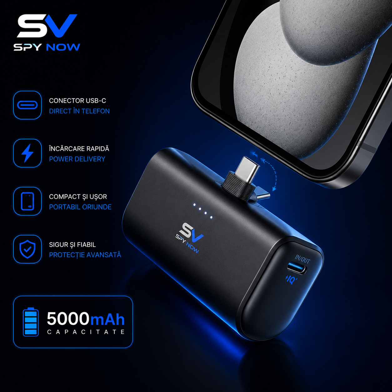 Nano Powerbank Compact Negru SpyNow